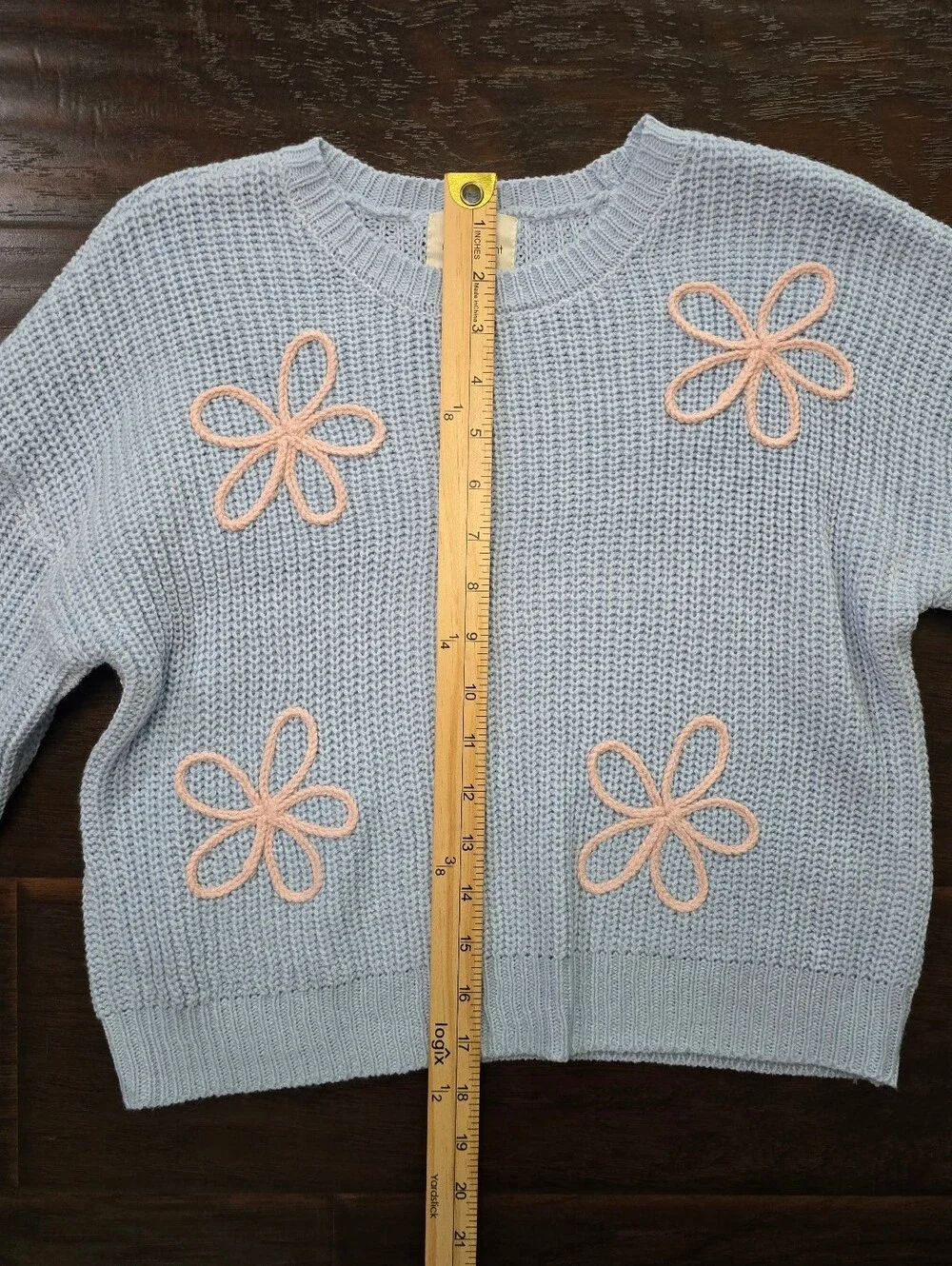 No Comment Girls Blue with Pink Flowers Knit Pullover Sweater XL